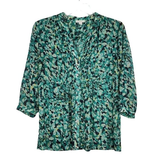 Charter Club Sheer Pintuck Top Women Size M Green Silver Metallic 3/4 Sleeve - Picture 1 of 7